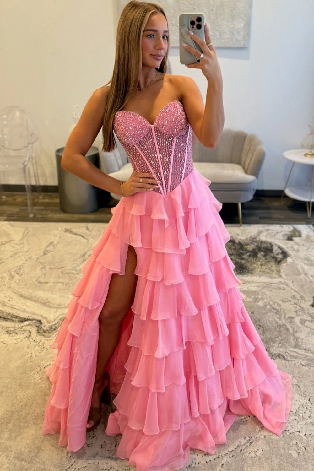 Princess A-Line Sweetheart Light Blue Corset Prom Dress with Beading Ruffles - View 8 | FashionDia
