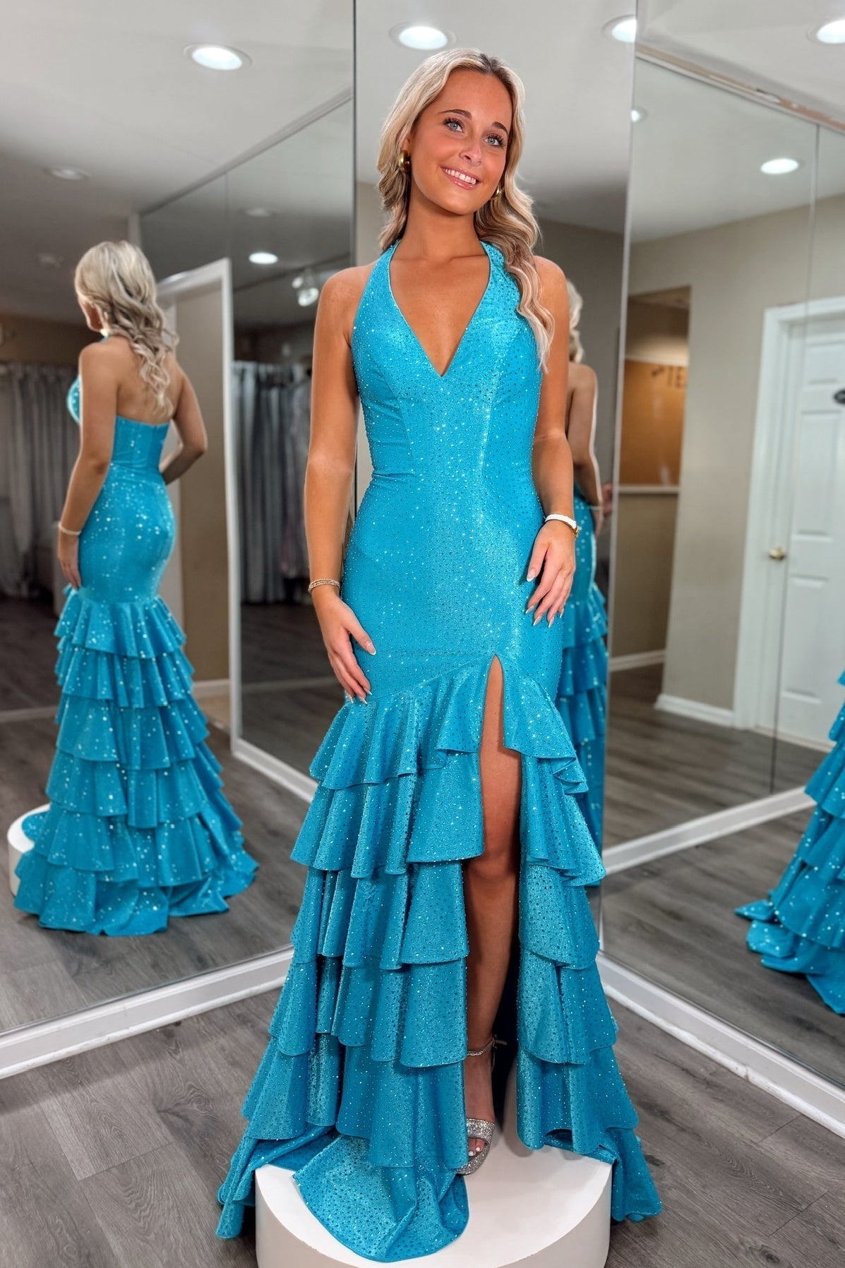 Sparkly Mermaid Halter Neck Blue Long Prom Dress with Beading Ruffles