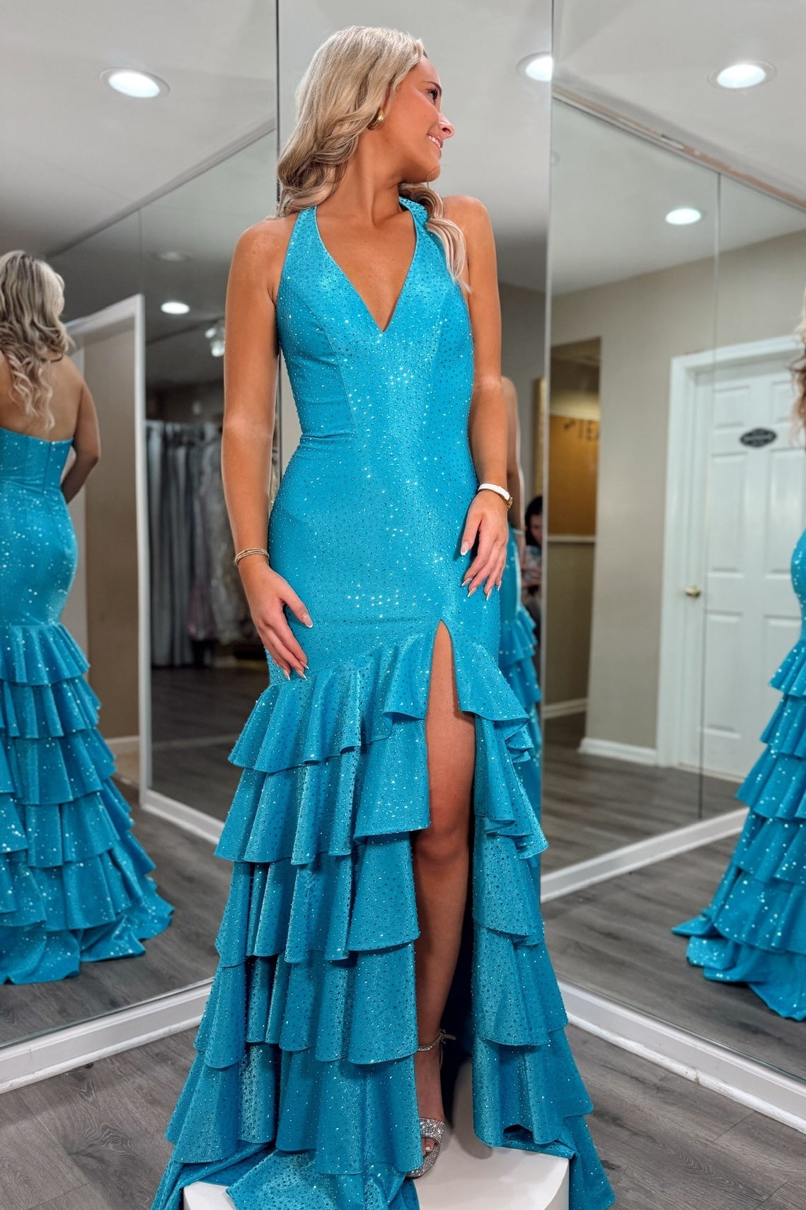 Sparkly Mermaid Halter Neck Blue Long Prom Dress with Beading Ruffles