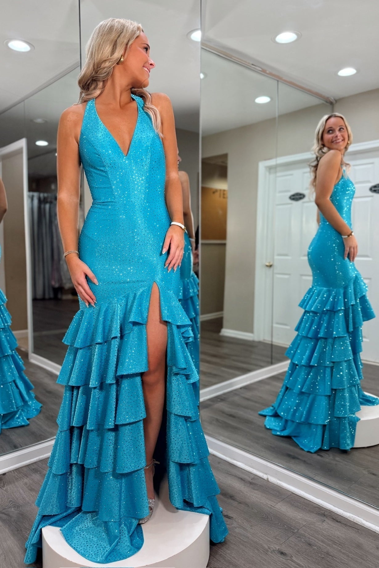 Sparkly Mermaid Halter Neck Blue Long Prom Dress with Beading Ruffles