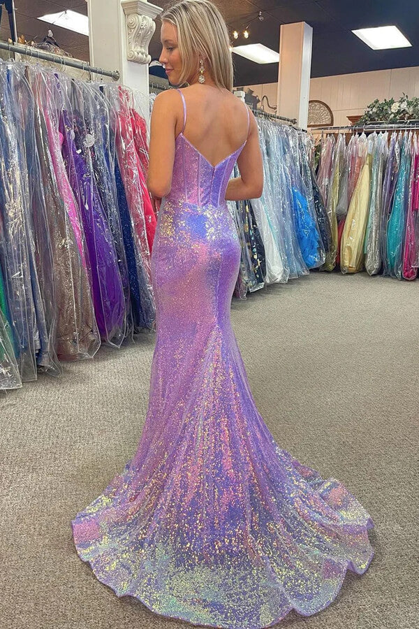 Sparkly Mermaid Spaghetti Straps V-neck Long Prom Dresses With Train - View 2 | VelvetHem