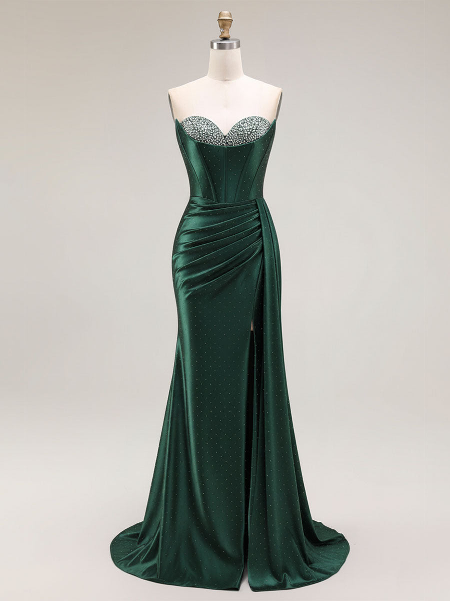 Sparkly Mermaid Strapless Corset Ruched Long Prom Dress