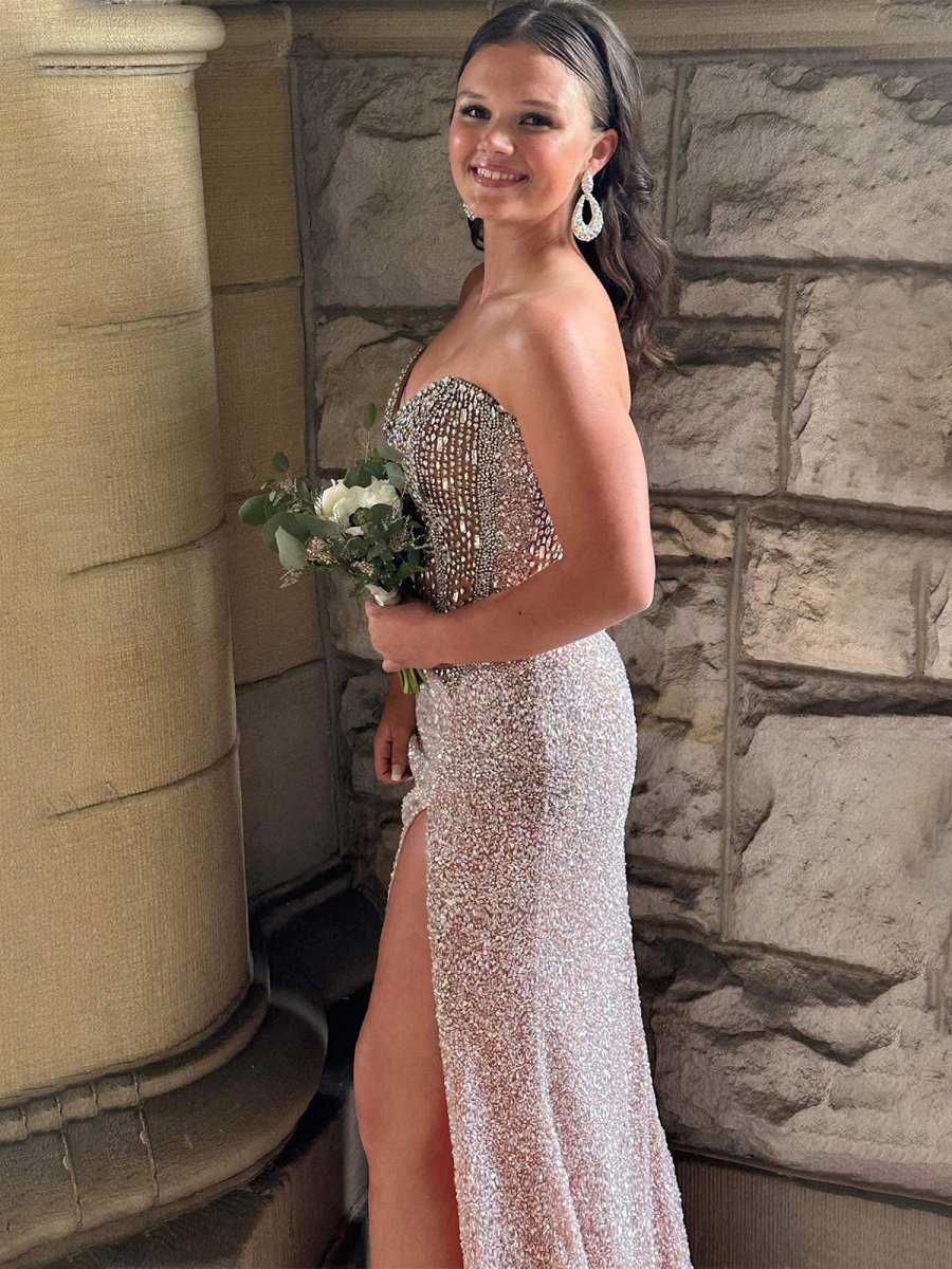 Sparkly Mermaid Strapless Corset Sequins Long Prom Dress with Slit