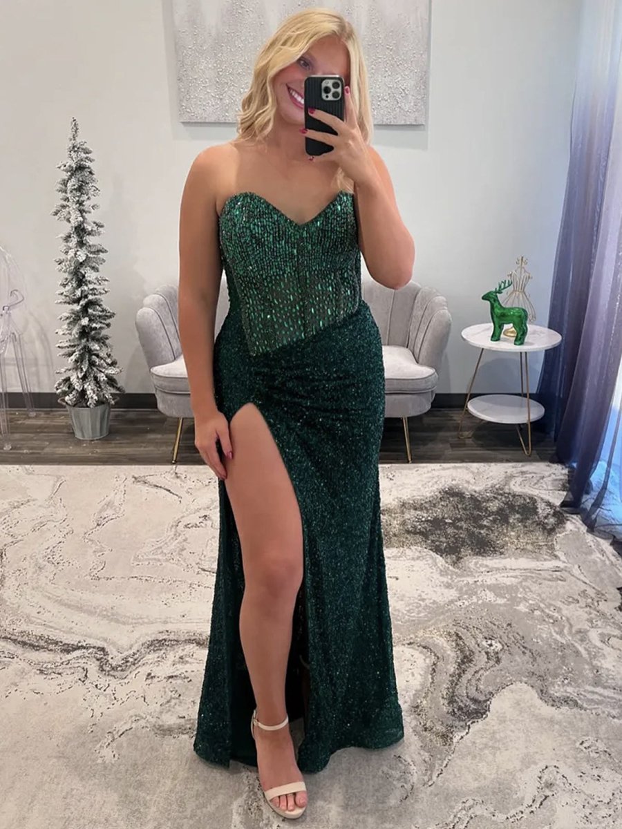 Sparkly Mermaid Strapless Corset Sequins Long Prom Dress with Slit