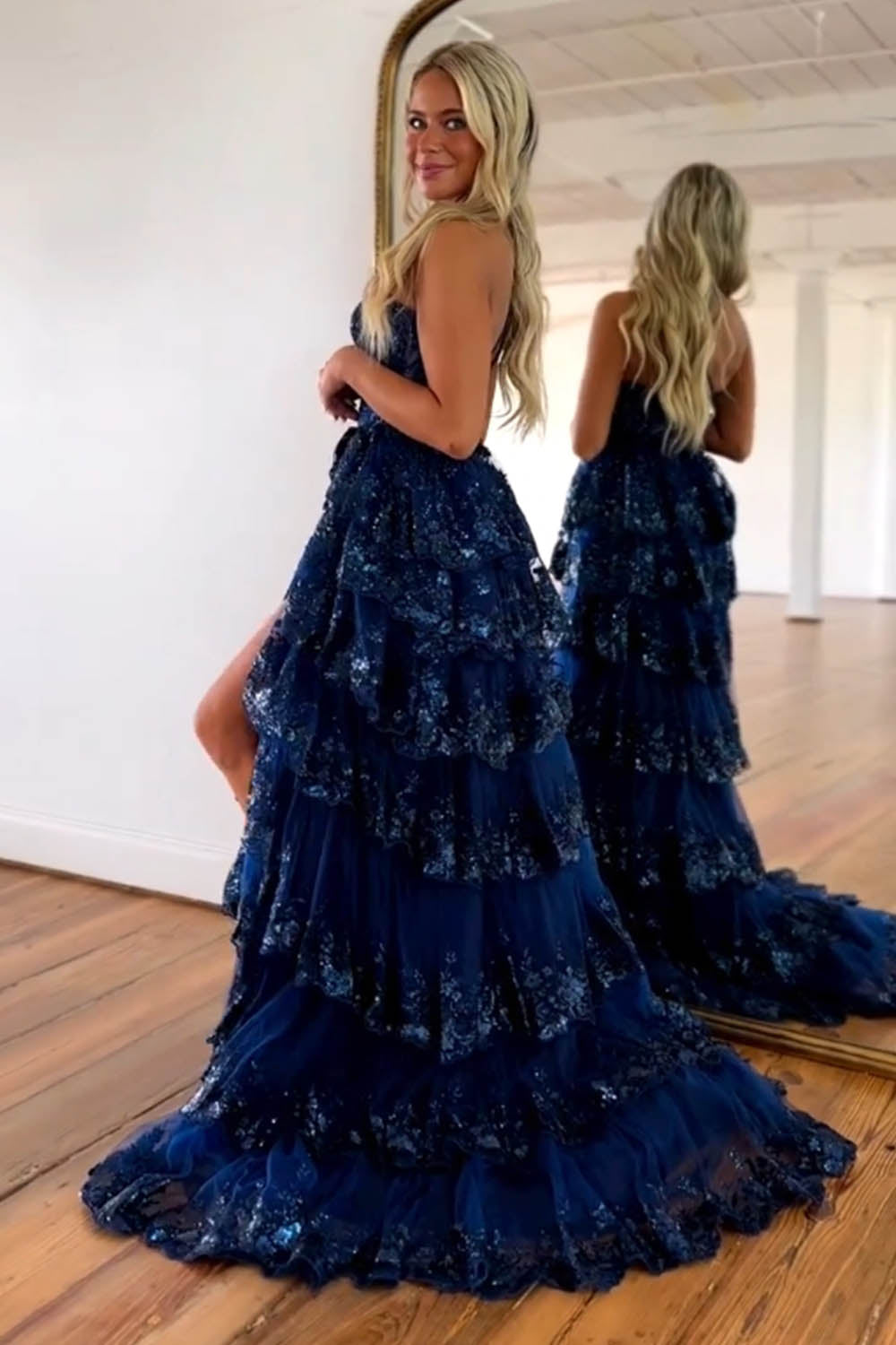 Sparkly One Shoulder A-Line Sweep Train Tiered Prom Dress with Split