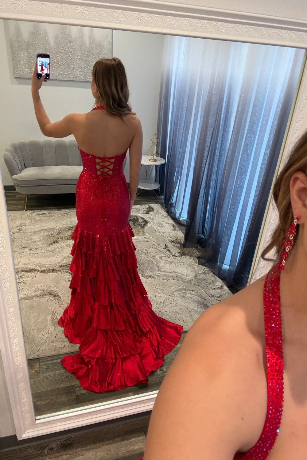 Sparkly Mermaid Halter Neck Red Corset Prom Dress with Beading Ruffles
