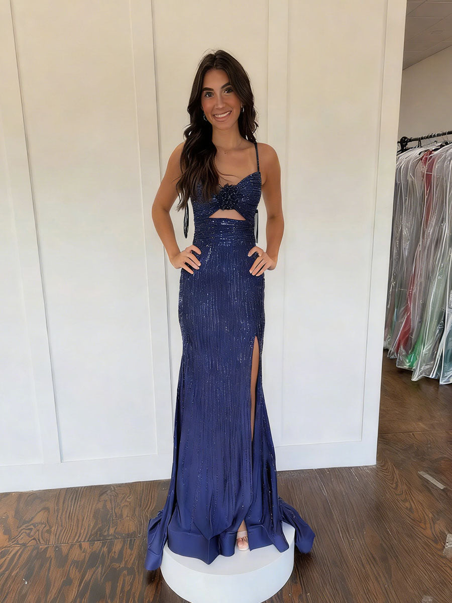 Navy Blue Linear Sequin Long Prom Dress with 3D Rosette - FashionDia