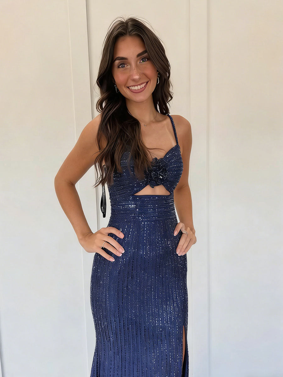 Navy Blue Linear Sequin Long Prom Dress with 3D Rosette - View 2 | FashionDia