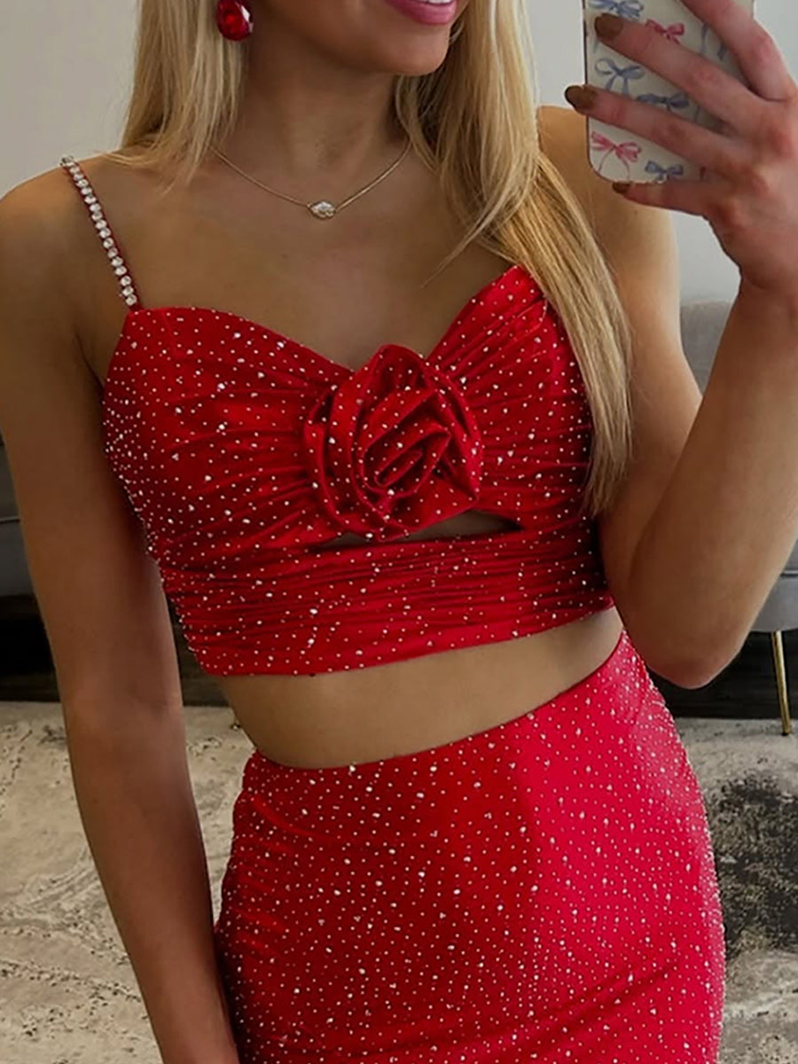 Sparkly Red Sweetheart Two-Piece Prom Dress with 3D Rosette - View 4 | FashionDia