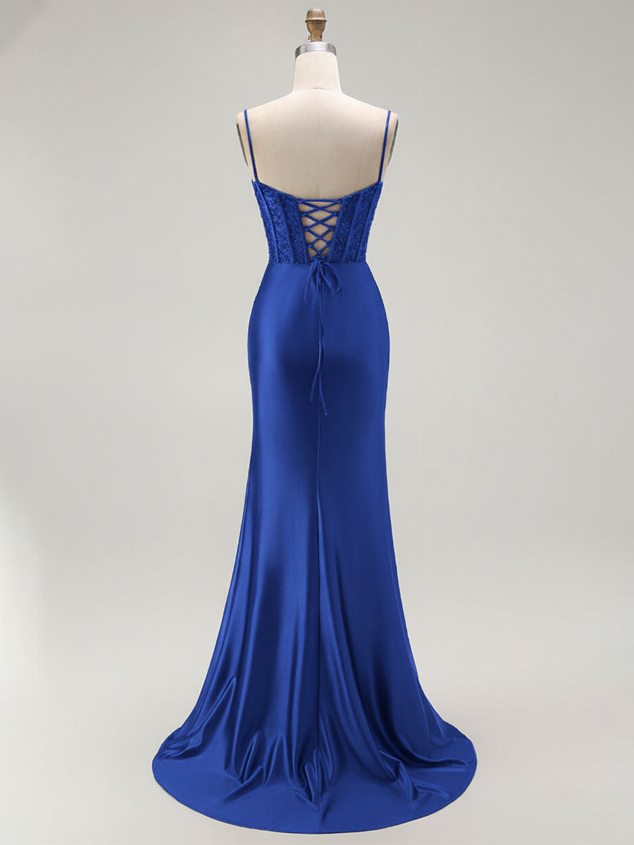 Sparkly Satin Mermaid Long Corset Prom Dress with Beading - View 2 | FashionDia
