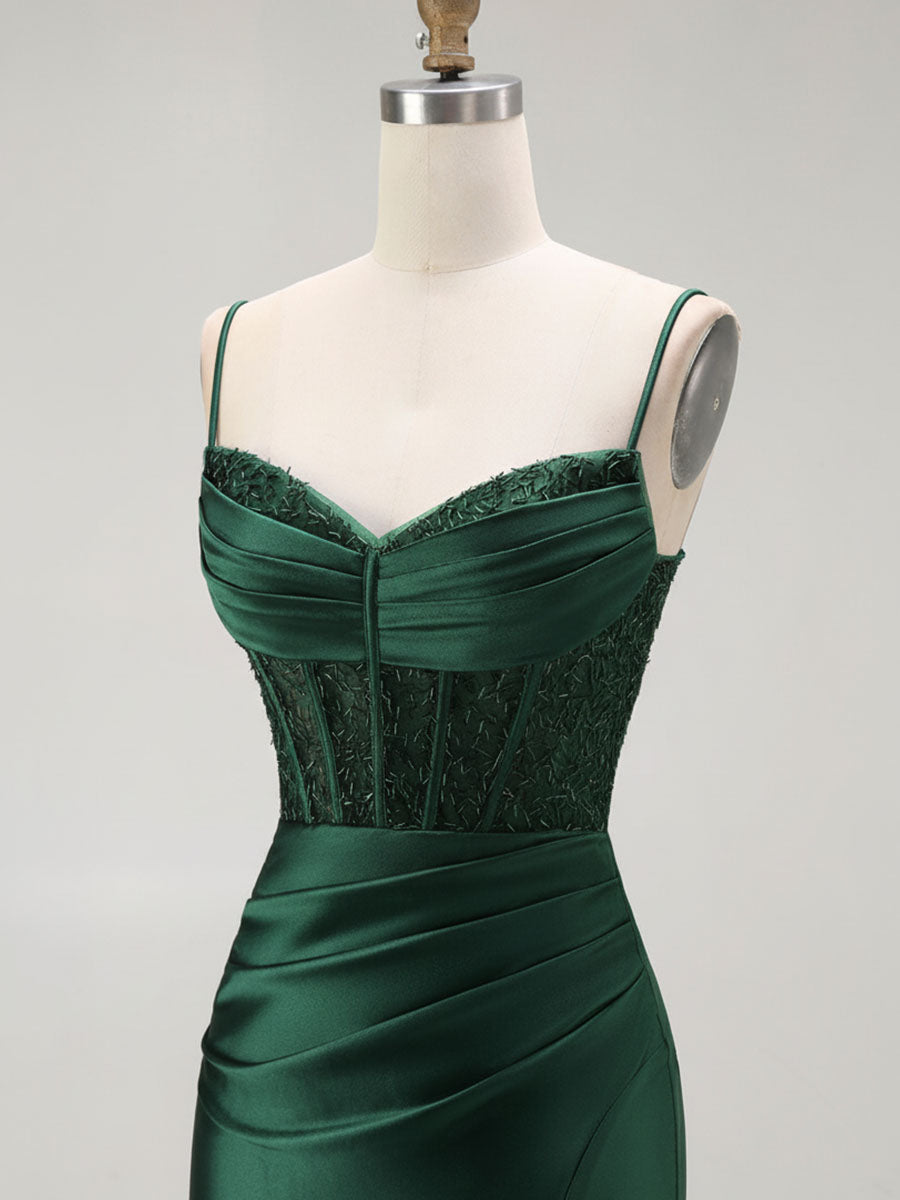 Sparkly Satin Mermaid Long Corset Prom Dress with Beading - View 8 | FashionDia