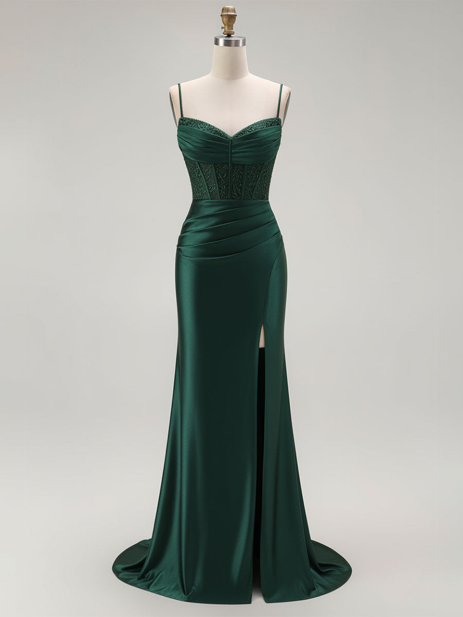 Sparkly Satin Mermaid Long Corset Prom Dress with Beading - View 5 | FashionDia