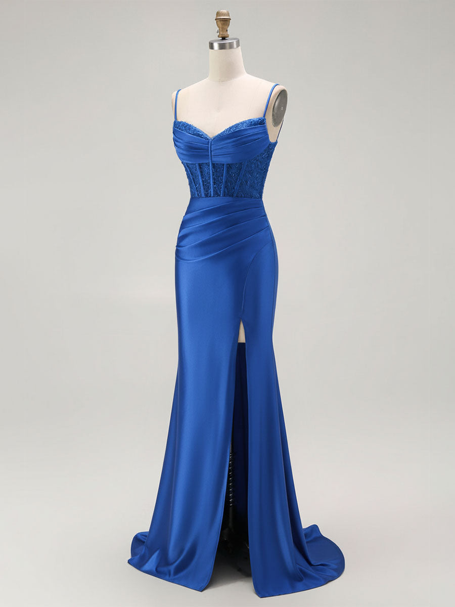 Sparkly Satin Mermaid Long Corset Prom Dress with Beading - View 3 | FashionDia