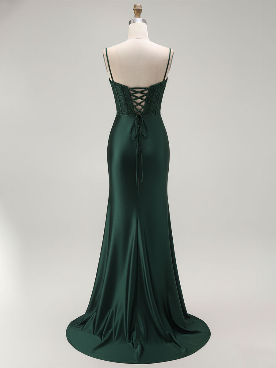 Sparkly Satin Mermaid Long Corset Prom Dress with Beading - View 6 | FashionDia