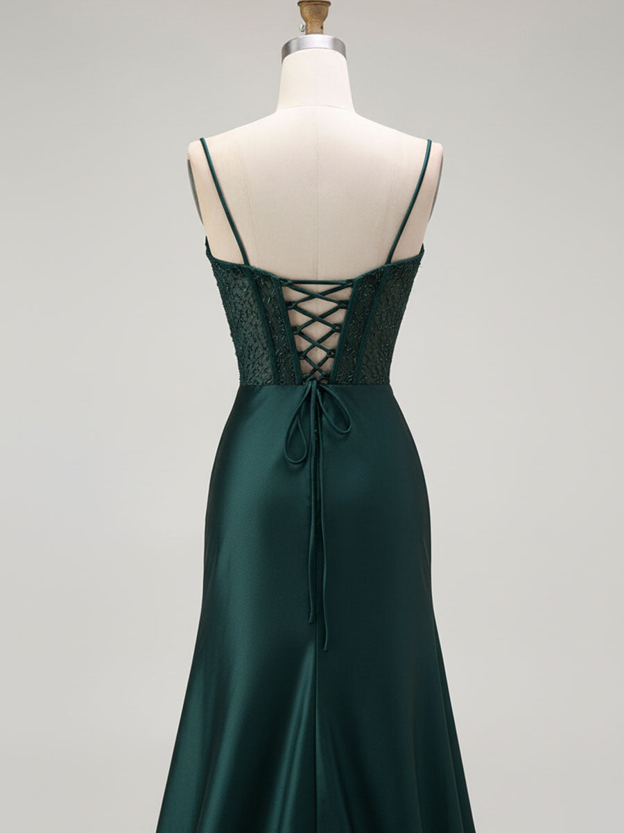 Sparkly Satin Mermaid Long Corset Prom Dress with Beading - View 9 | FashionDia