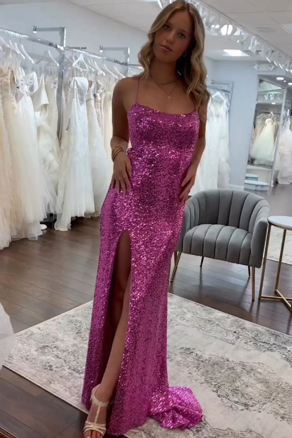 Sparkly Sequin Mermaid Spaghetti Straps Long Prom Dress With Split - FashionDia