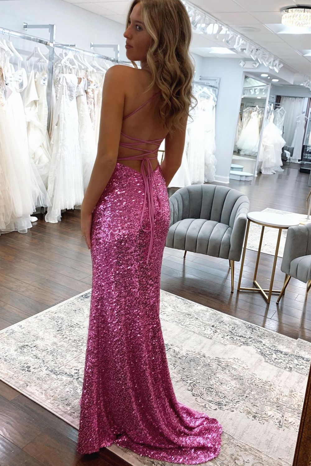 Sparkly Sequin Mermaid Spaghetti Straps Long Prom Dress With Split - View 2 | FashionDia