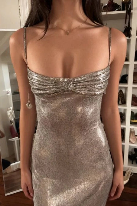 Stylish Sheath Spaghetti Straps Silver Sequins Tea Length Party Dress