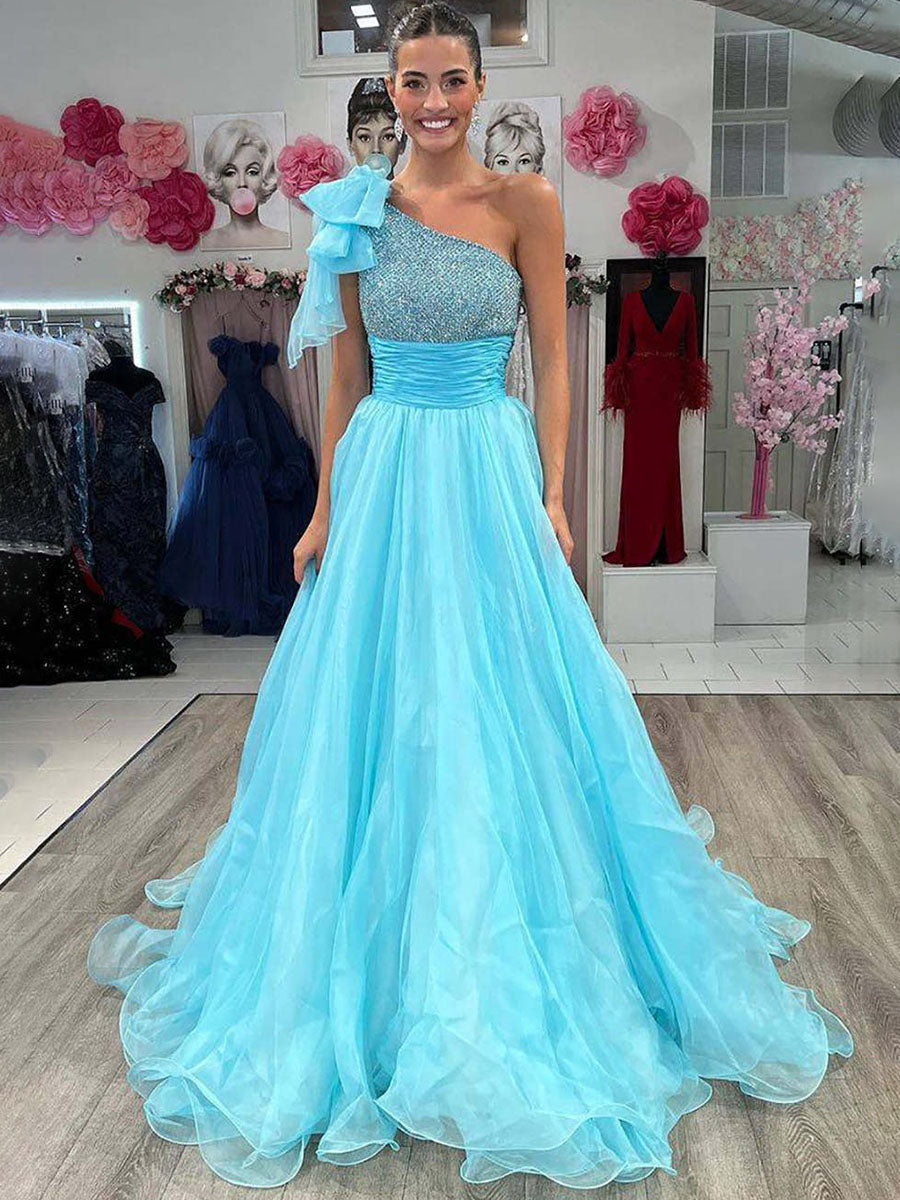Sparkly A Line One Shoulder Long Prom Dress with Beading