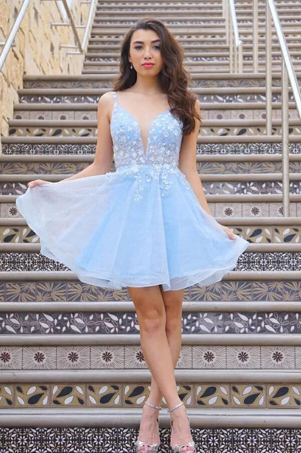 Sparkly Sky Blue Tulle A-line V-neck Homecoming Dresses With Flowers - View 3 | VelvetHem