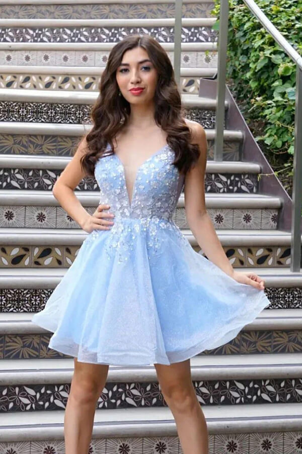 Sparkly Sky Blue Tulle A-line V-neck Homecoming Dresses With Flowers - View 2 | VelvetHem