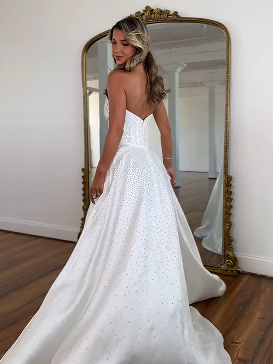 Sparkly Beaded Strapless Sweetheart Long Corset Prom Dress with Bow
