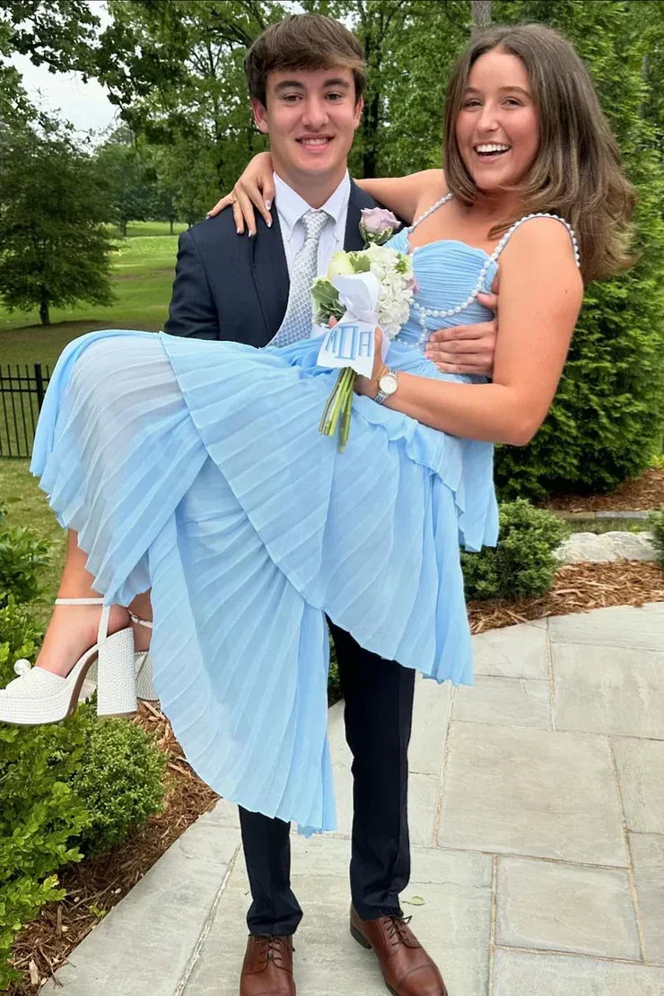 Sparkly A Line Sweetheart Blue Tea Length Party Dress with Ruffles