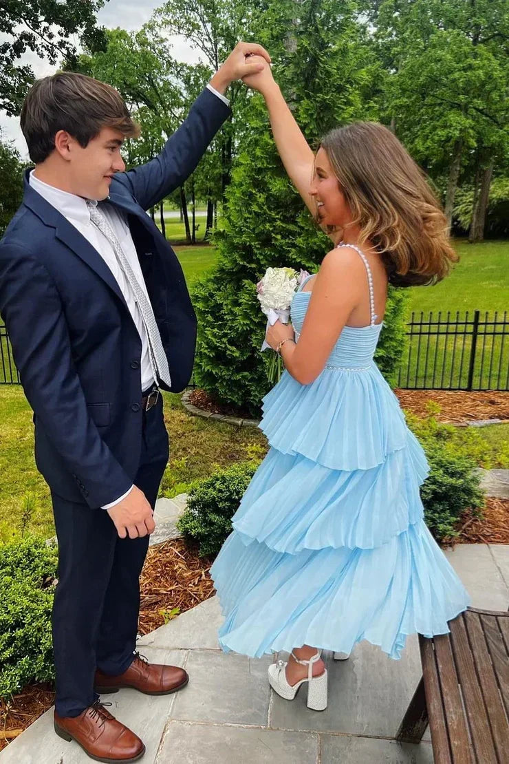 Sparkly A Line Sweetheart Blue Tea Length Party Dress with Ruffles