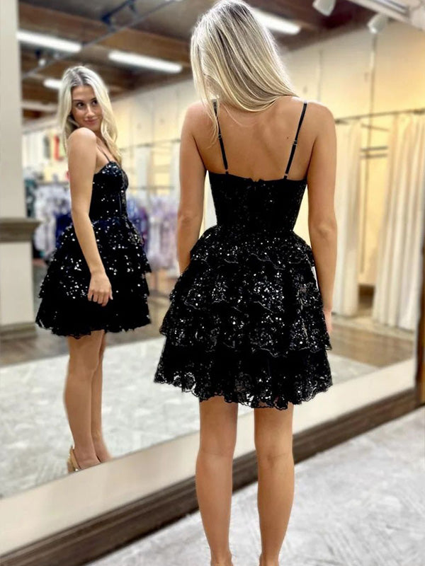 Sparkly A-Line Spaghetti Straps Short Homecoming Dress With Appliques