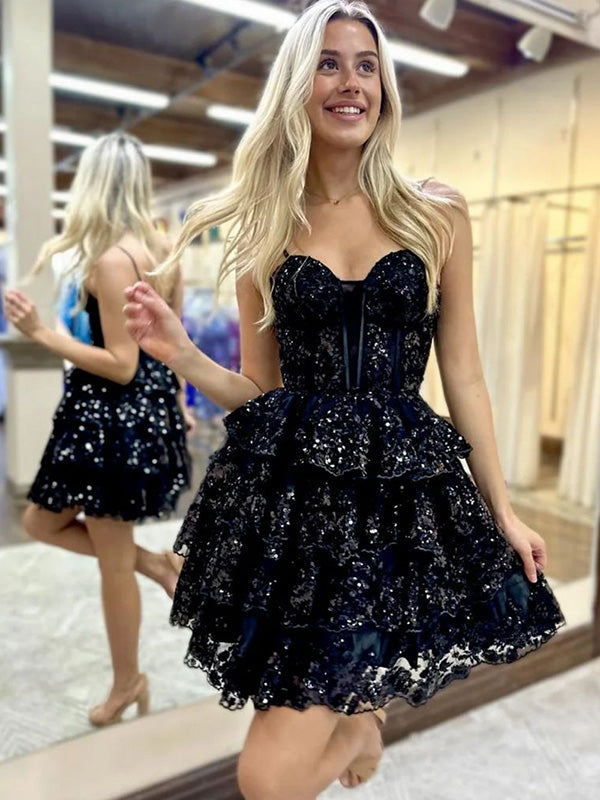 Sparkly A-Line Spaghetti Straps Short Homecoming Dress With Appliques