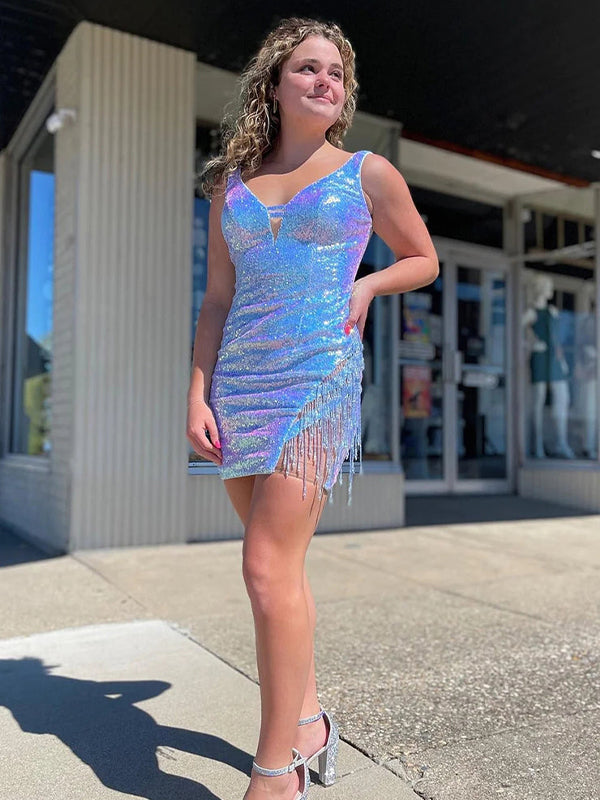 Sparkly Sequins Tight Short Homecoming Dress with Fringes