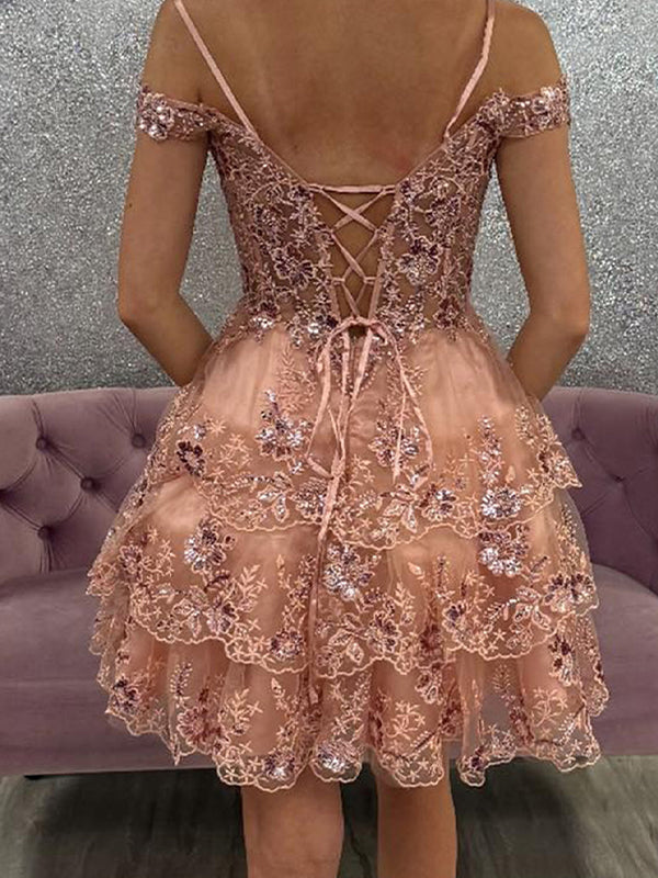 Sparkly A Line Corset Short Ruffled Homecoming Dress with Lace