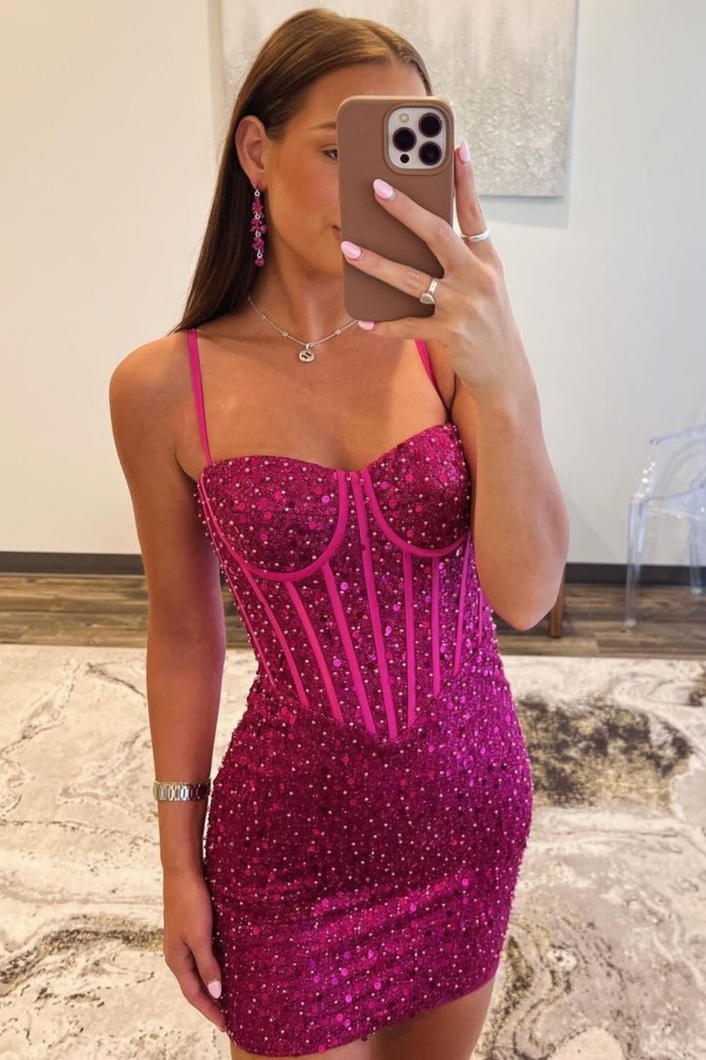 Sparkly Bodycon Spaghetti Straps Short Beaded Homecoming Dress