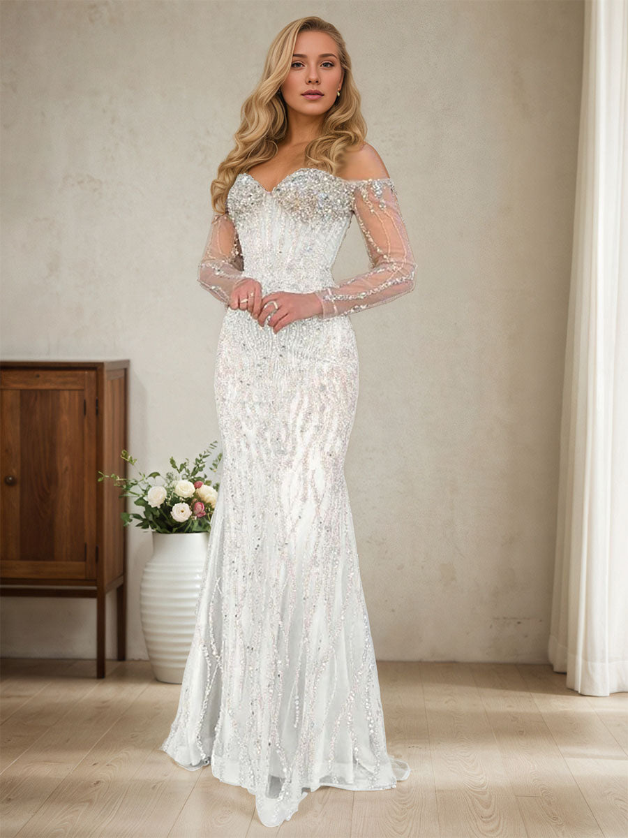 Sparkly Champagne Mermaid Off the Shoulder Long Prom Dress With Corset