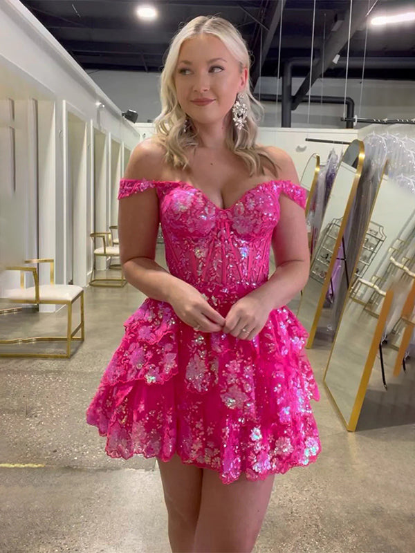 Sparkly A Line Off the Shoulder Homecoming Dress with Ruffles