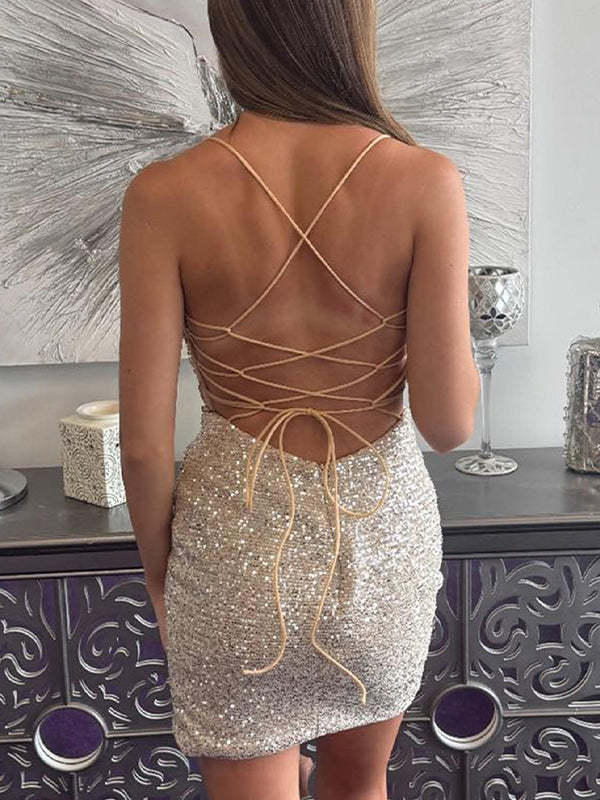 Sparkly Spaghetti Straps Corset Short Sequins Homecoming Dress with Beading