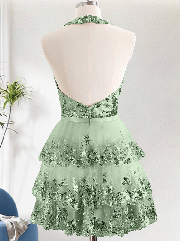Sparkly A Line Halter Tiered Sequined Backless Homecoming Dress
