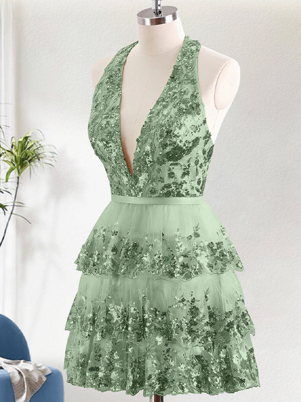 Sparkly A Line Halter Tiered Sequined Backless Homecoming Dress