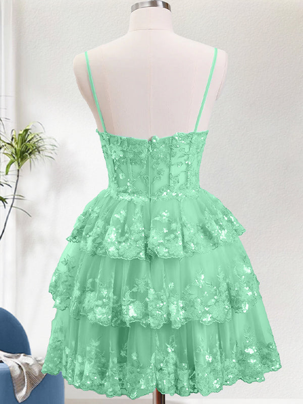 Sparkly A Line Spaghetti Straps Corset Tiered Short Homecoming Dress