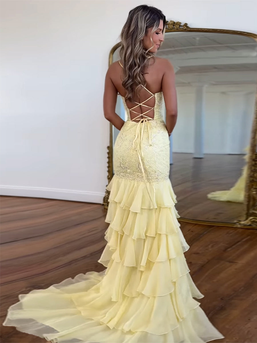 Sparkly Mermaid Spaghetti Straps Lace Prom Dress with Ruffle Skirt - View 10 | FashionDia