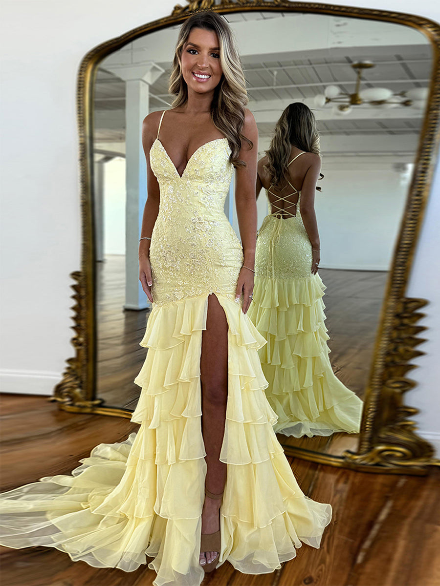 Sparkly Mermaid Spaghetti Straps Lace Prom Dress with Ruffle Skirt - View 9 | FashionDia