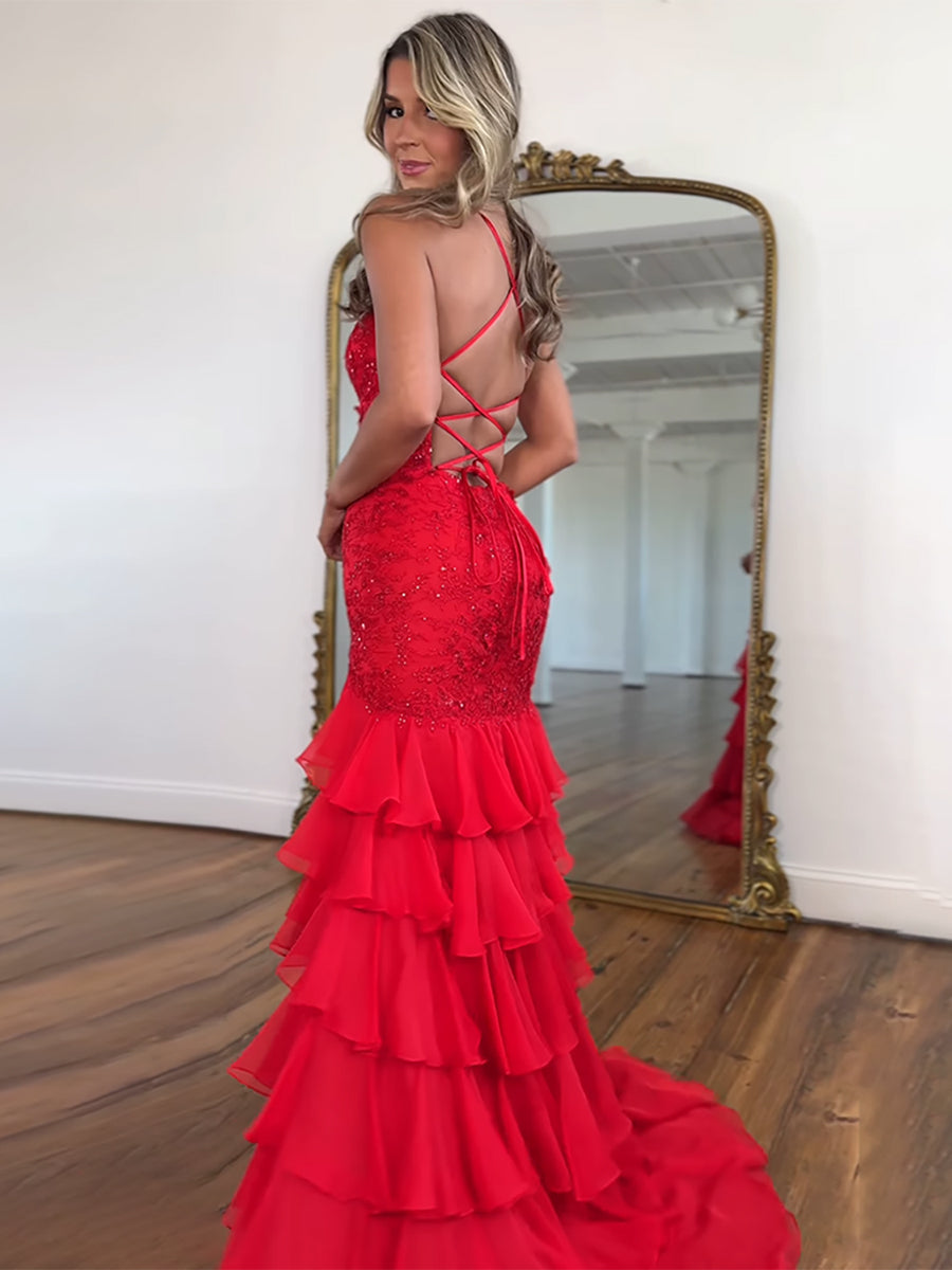 Sparkly Mermaid Spaghetti Straps Lace Prom Dress with Ruffle Skirt - View 4 | FashionDia