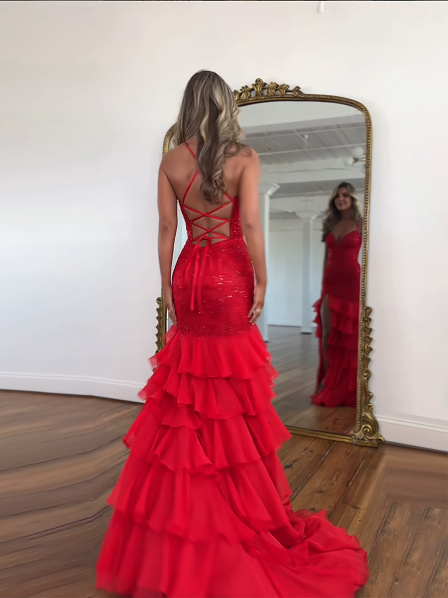 Sparkly Mermaid Spaghetti Straps Lace Prom Dress with Ruffle Skirt - View 2 | FashionDia