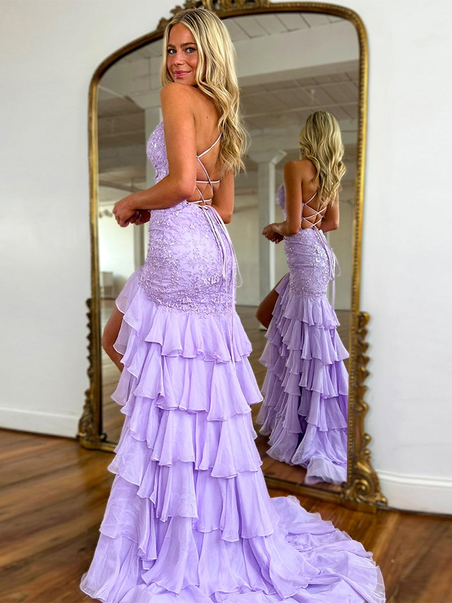 Sparkly Mermaid Spaghetti Straps Lace Prom Dress with Ruffle Skirt - View 7 | FashionDia