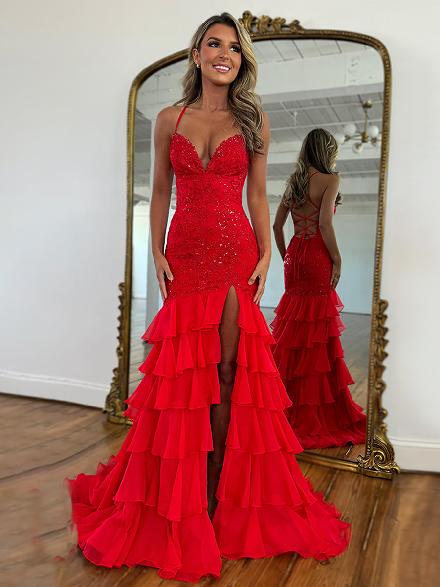 Sparkly Mermaid Spaghetti Straps Lace Prom Dress with Ruffle Skirt - FashionDia