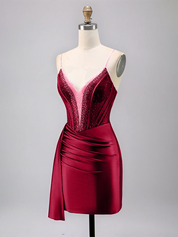 Sparkly Corset Satin Tight Beaded Homecoming Dress with Streamer
