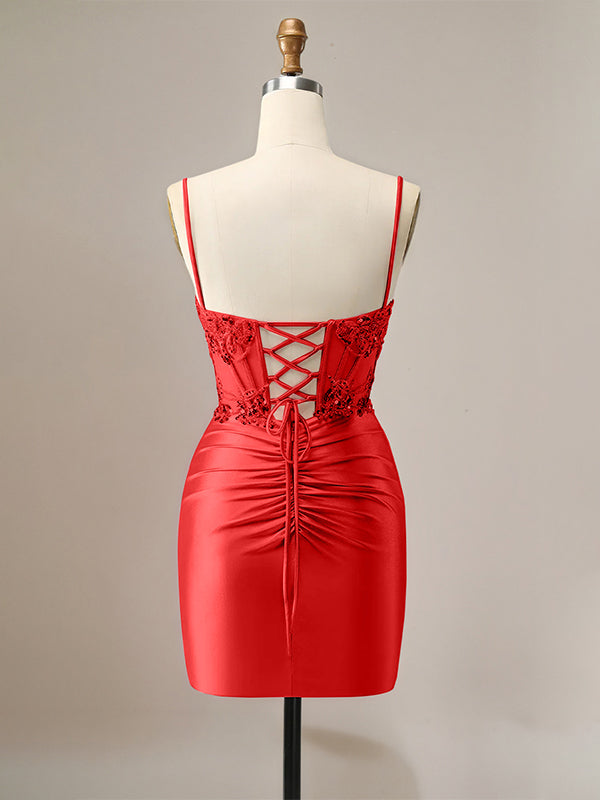 Sparkly Glitter Spaghetti Straps Sequins Pleated Corset Homecoming Dress