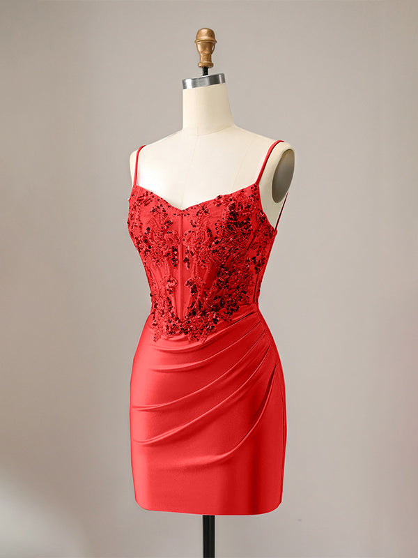 Sparkly Glitter Spaghetti Straps Sequins Pleated Corset Homecoming Dress