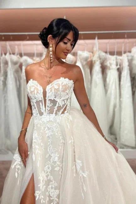 Split Front A-Line Tulle Lace Sweetheart Floor-Length Sleeveless Charming Wedding Dresses with Appliques (ZD15748)