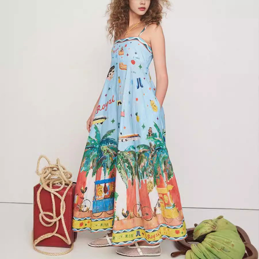 Suspender Printed Pocket Dress Casual Loose Vacation Dress